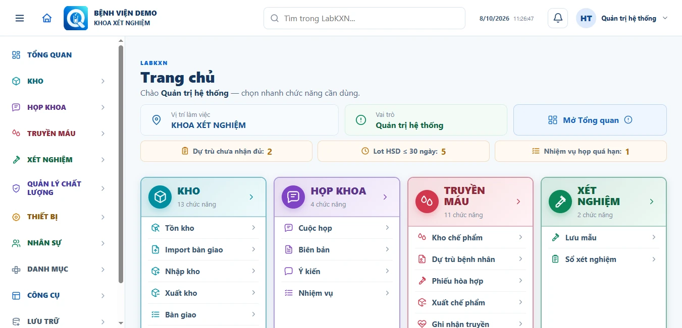 Ảnh chụp thật trang chủ phần mềm QLKXN, dữ liệu demo